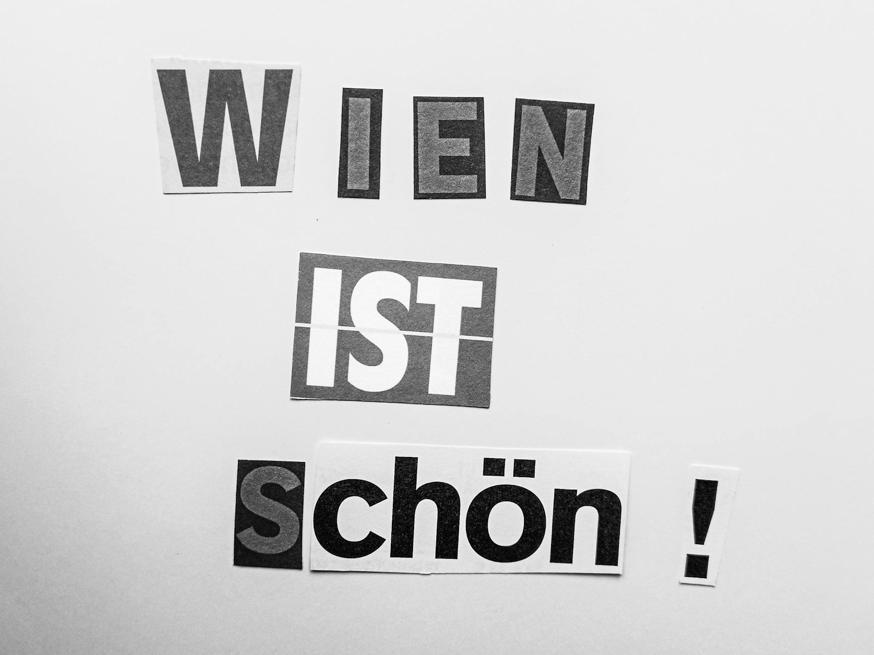 Creative typography art featuring the phrase 'Wien ist schön!' in black and white.
