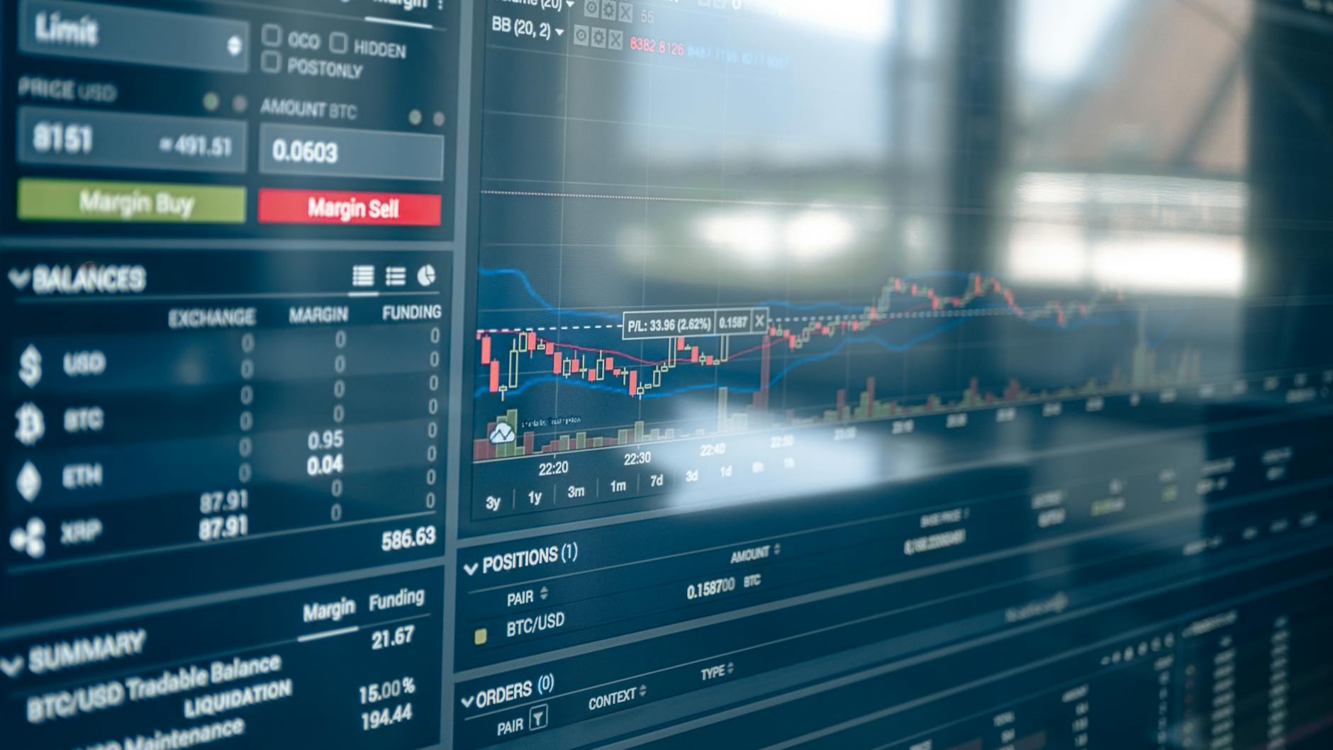 Close-up of a digital screen displaying stock trading graphs and cryptocurrency values. Ideal for finance and technology themes.